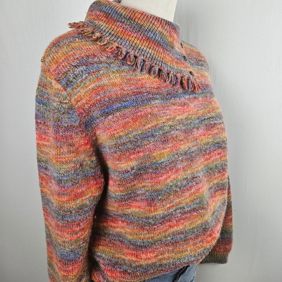Rainbow Marled Fringe Neck Wool Blend Sweater M Button Cowl - Picture 5 of 11